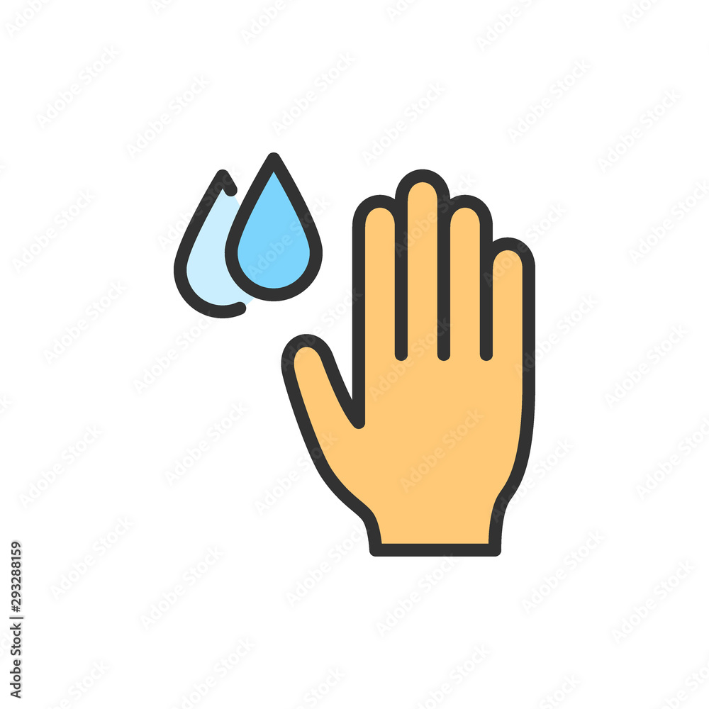 Vector hand with water drops, hygiene, washing hands flat color line icon. Vector hand with water drops, hygiene, washing hands flat color line icon.