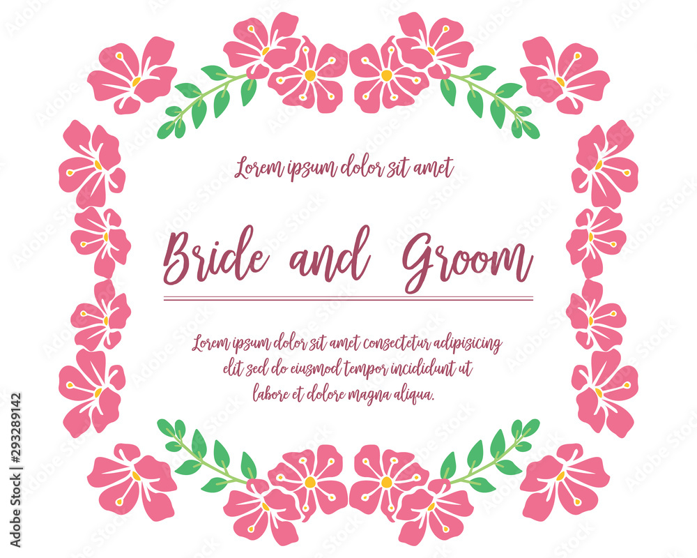 Ornate of card bride and groom, with texture of pink flower frame background. Vector