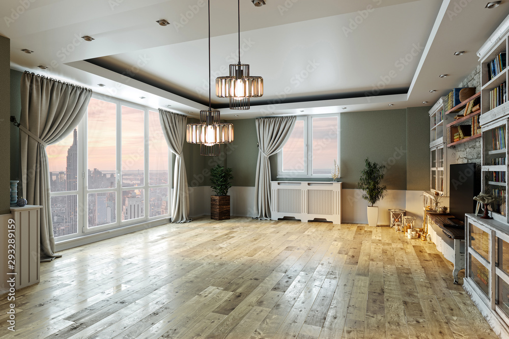 Obraz premium empty interior design living room. balcony with large windows. Scandinavian style. TV unit and library. 3D rendering