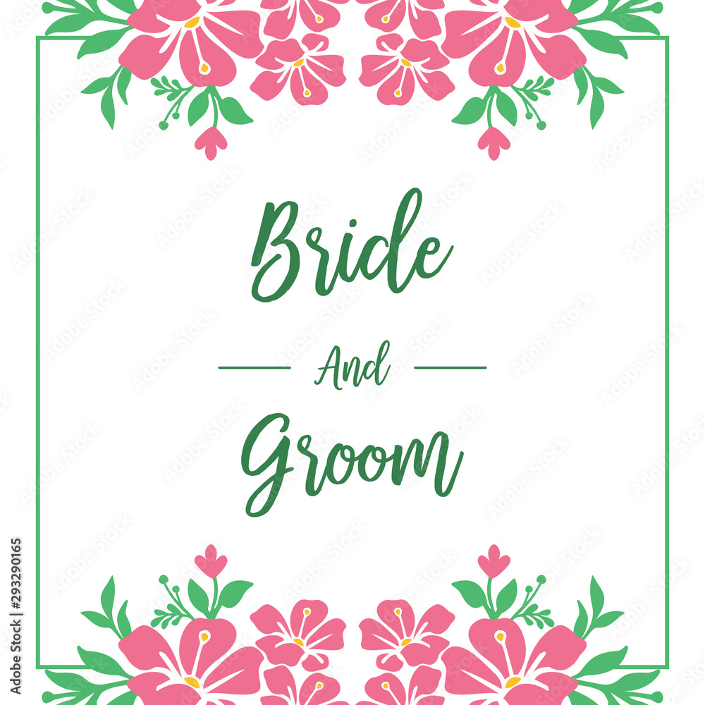 Template vintage bride and groom, romantic, with pattern art of pink wreath frame. Vector