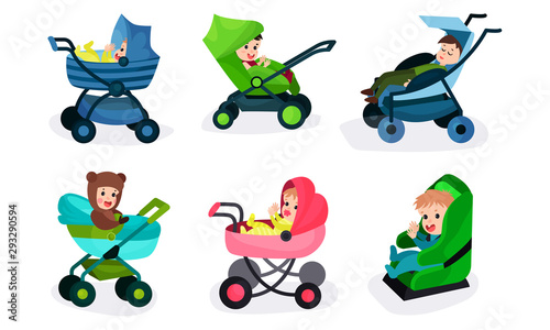 Set Of Vector Illustrations Of Six Toddlers In Different Kinds Of Baby Carriages