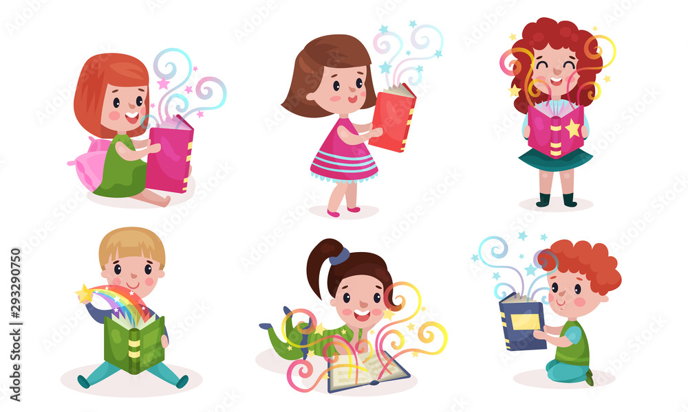 Set Of Vector Illustrations With Various Positions Of Children Reading Books With Fairy Tails