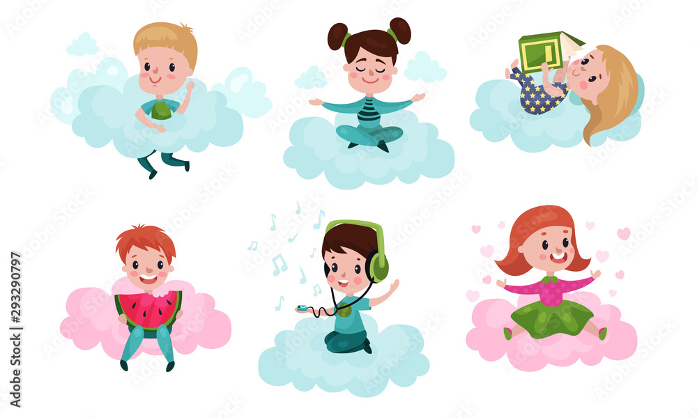Set Of Six Vector Illustrations With Children Doing Different Things In The Clouds Set Of Six Vector Illustrations With Children Doing Different Things In The Clouds