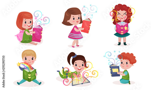 Set Of Vector Illustrations With Various Positions Of Children Reading Books With Fairy Tails