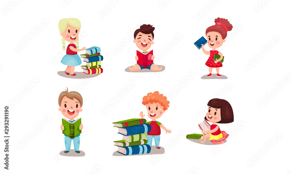 Set Of Vector Illustrations With Various Positions Of Children Reading Books