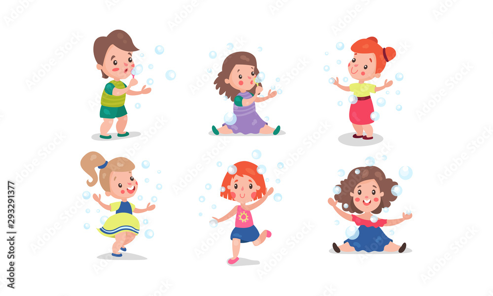 Set Of Six Vector Illustrations With Children Entertainments With Bubble Blower