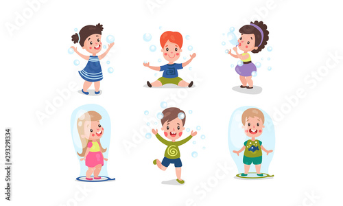 Set Of Six Vector Illustrations With Children Playing With Bubble Blower