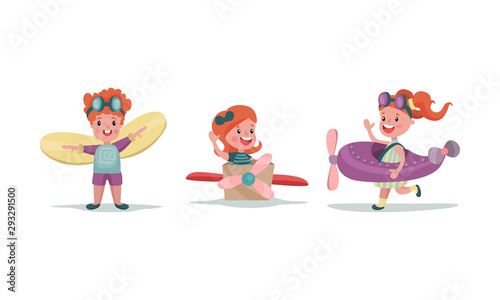 Three Ginger Girls Cosplaying With Big Toy Models Of Airplanes Vector Illustrations Set