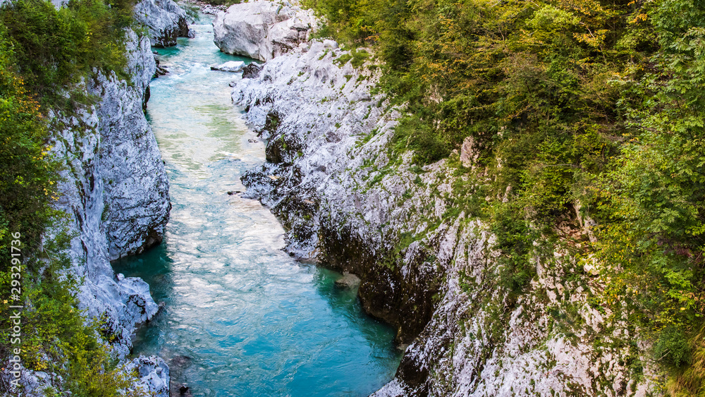 The slow flow of the Isonzo river. Caporetto, Slovenia.