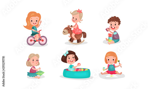 Set Of Six Vector Illustrations With Little Girls And Boys Playing Having Fan With Various Toys