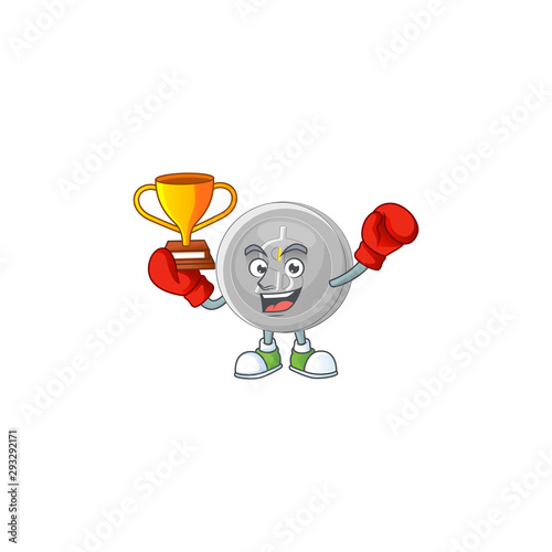 Boxing winner silver coin cartoon character with mascot