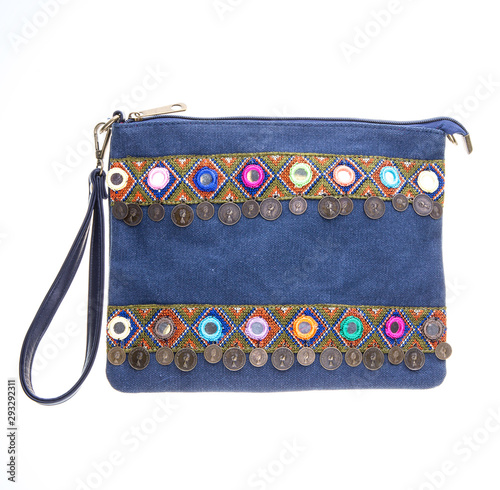 Valokuva wristlet purse with blue jeans color and coins colorful strings, Make up handbag