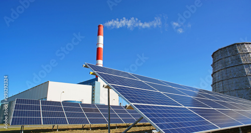 Принти на полотні Solar panel, smokestack and water cooler at power plant