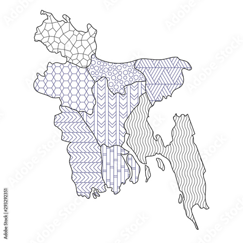 Coloring page Bangladesh map administrative division regions with different texture vector illustration