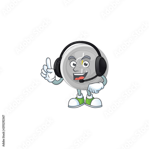 With headphone silver coin cartoon character with mascot
