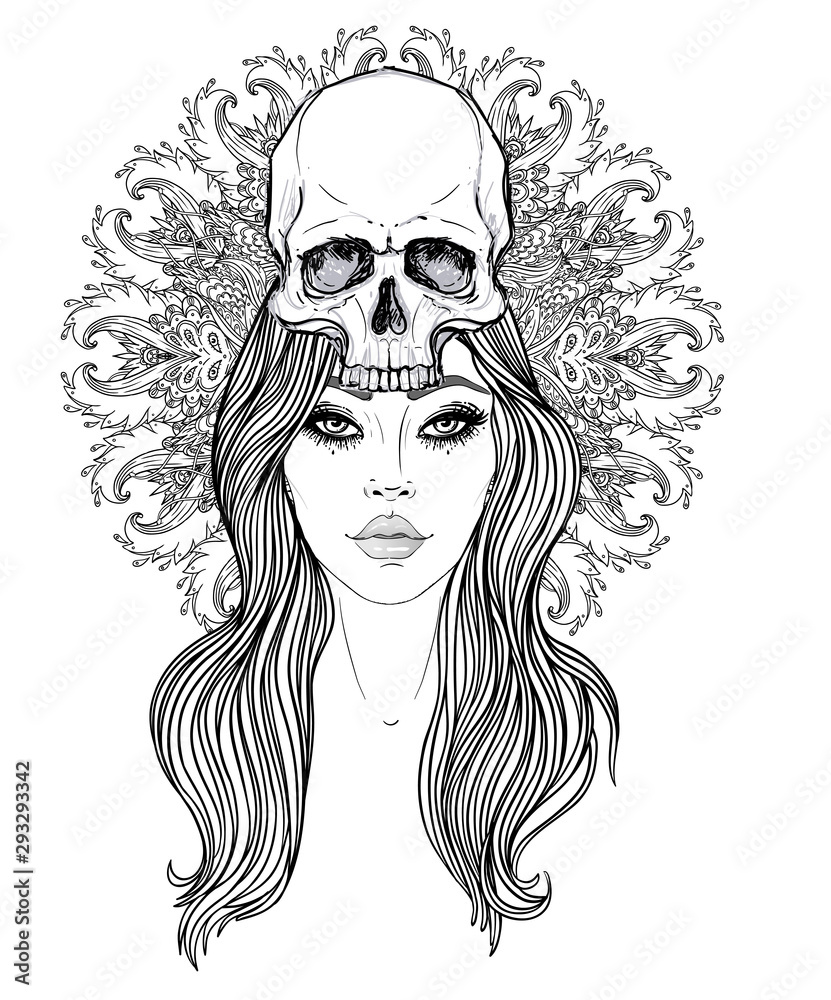 Shaman woman with a long hair and human skull on her head. Vector  illustration with mandala background. Scary design for tattoo, hipster  t-shirt design, Stock Vector | Adobe Stock