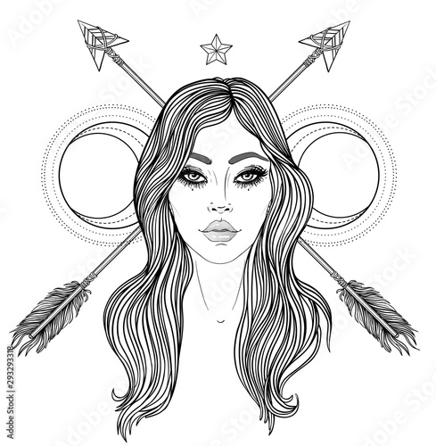 Magic night fairy with a moon. Hand drawn portrait of a beautiful shaman woma...