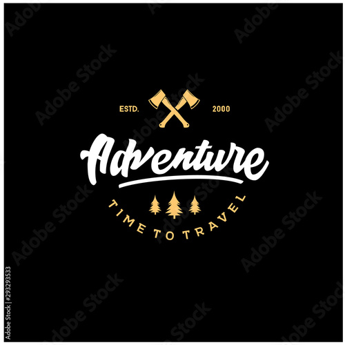 Adventure lettering logos with gold illustrations. Vintage logotype with Crossed Axes Vector for log design tamplate