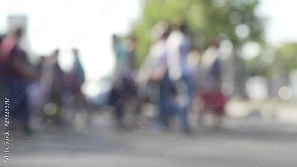 large crowd of defocused pedestrians move along crosswalk large crowd of defocused pedestrians move along crosswalk