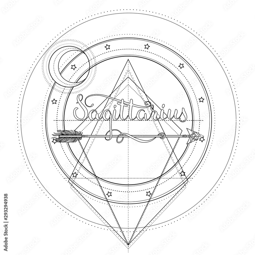 Blackwork tattoo flash. Sacred geometry, arrow and moon. Highly detailed vector illustration isolated on white. Mystic symbol. New school dotwork. Boho design.