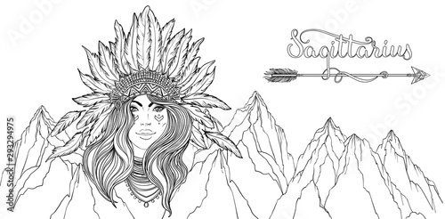 Dekoracja na wymiar  tribal-fusion-boho-diva-black-and-white-illustration-of-native-american-indian-girl-in-traditional-feather-headdress-bonnet