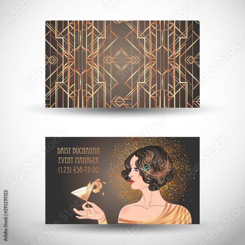 Female hand holding cocktail glass with splash. Art deco (1920's style) vintage invitation template design for drink list, bar menu, glamour event, thematic wedding, jazz party flyer.
