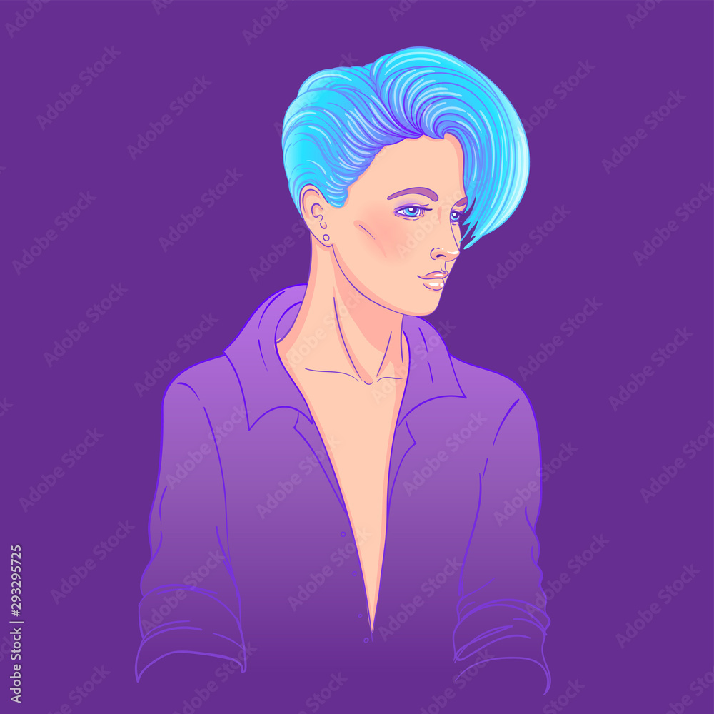 Portrait of a young pretty caucasian woman with short pixie cut. Dyed hair. Vector illustration isolated. Hand drawn art of a boyish looking girl. Modern haircut for woman. Portrait of a young pretty caucasian woman with short pixie cut. Dyed hair. Vector illustration isolated. Hand drawn art of a boyish looking girl. Modern haircut for woman.