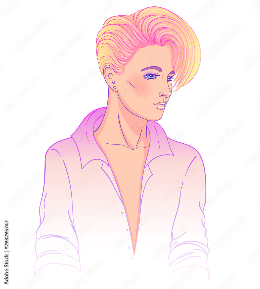 Portrait of a young pretty caucasian woman with short pixie cut. Dyed hair. Vector illustration isolated. Hand drawn art of a boyish looking girl. Modern haircut for woman.
