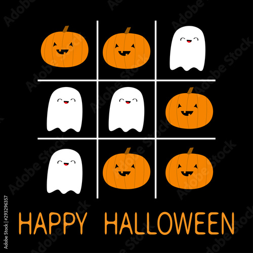 Happy Halloween. Tic tac toe game with ghost spirit and pumpkin. Cute cartoon kawaii funny character set. Greeting card. Flat design. Orange background. Isolated.