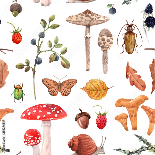 Watercolor autumn forest vector pattern