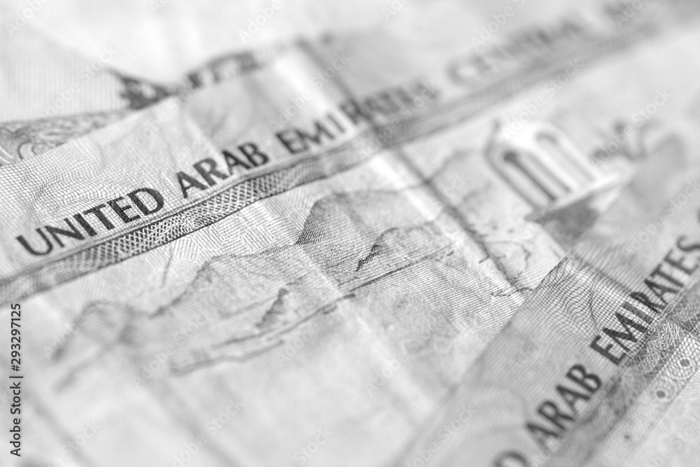United Arab Emirates dirhams close up. Monochrome money background United Arab Emirates dirhams close up. Monochrome money background