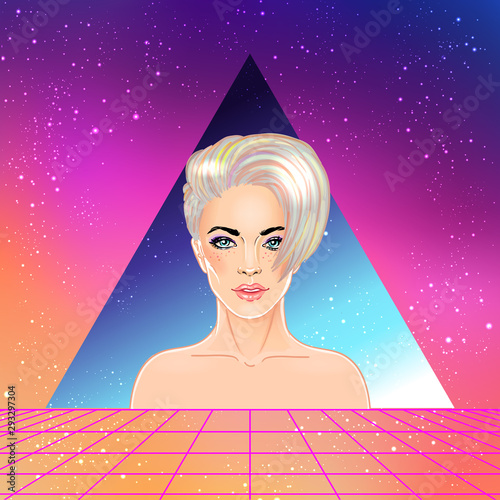 Portrait of a young pretty androgynous woman with short shaved pixie undercut in retro futurism style. Vector illustration in neon bright colors.  futuristic synth wave flyer template