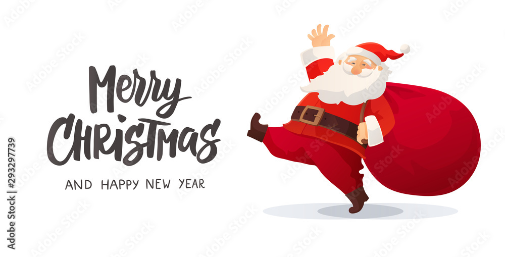 Funny cartoon Santa Claus with huge red bag with presents. Merry Christmas  hand drawn text Stock Vector | Adobe Stock