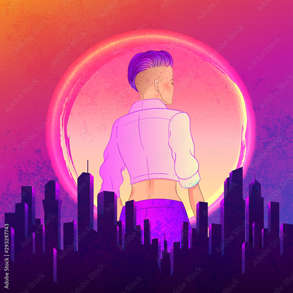 Portrait of a young pretty androgynous woman with short shaved pixie undercut in retro futurism style. Vector illustration in neon bright colors. futuristic synth wave flyer template.