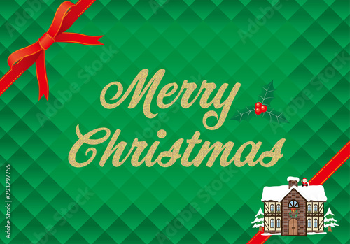 背景素材・テンプレート（緑色）：クリスマスのイメージの背景イラスト・リボン付きバナーデザイン　メリークリスマスロゴ｜Christmas banner design Background