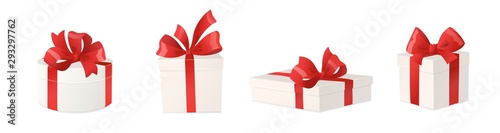Cartoon gift boxes with red bows isolated on white background, vector illustration.