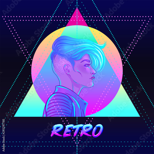 Portrait of a young pretty androgynous woman with short shaved pixie undercut in retro futurism style. Vector illustration in neon bright colors. Blue short hair. futuristic synth wave