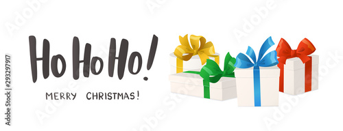 Merry Christmas card. Ho-ho-ho text. Cartoon gift boxes with bows isolated on white background, vector illustration.