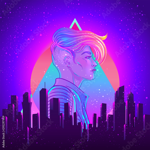 Portrait of a young pretty androgynous woman with short shaved pixie undercut in retro futurism style. Vector illustration in neon bright colors. Blue short hair. futuristic synth wave
