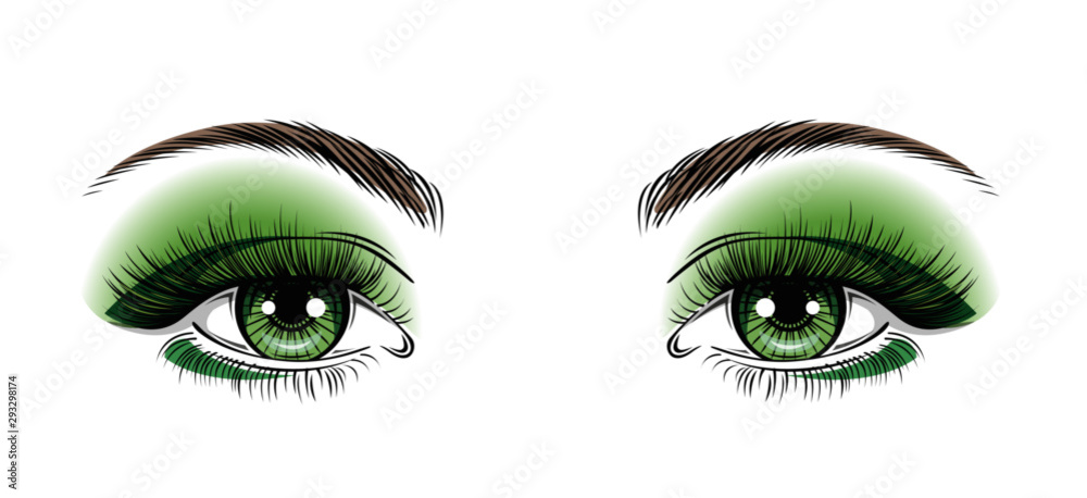 Hand-drawn realistic woman's sexy luxurious green eyes with perfectly shaped eyebrows and full lashes. Idea for business visit card, typography vector. Perfect salon look. Makeup.