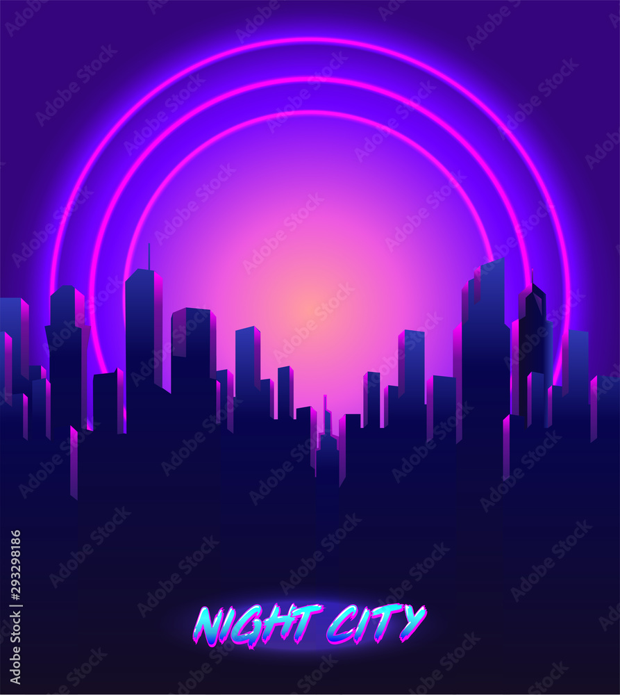 Retro Futurism. Vector futuristic synth wave illustration. 80s Retro poster Background with Night City Skyline. Rave party Flyer design template