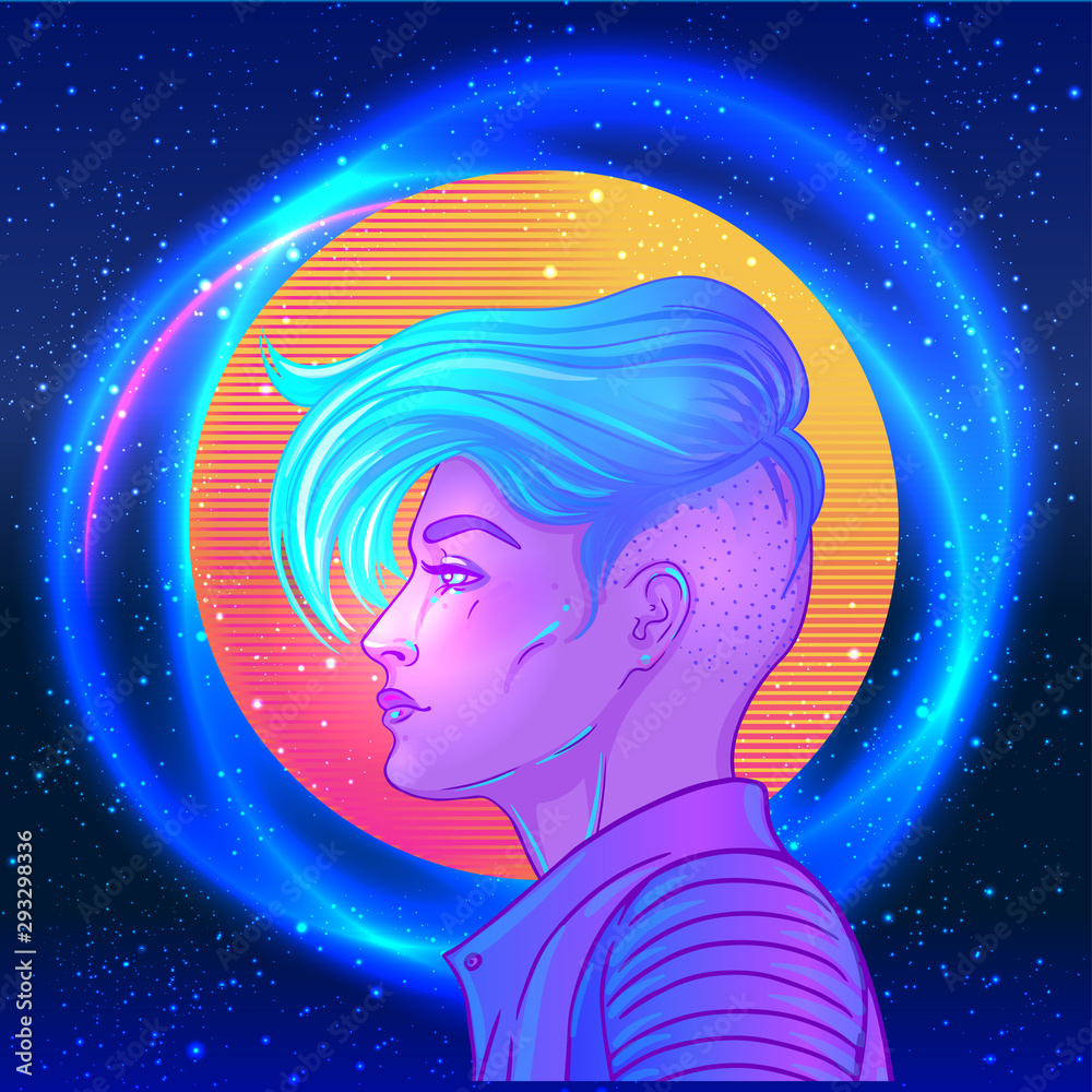 Portrait of a young pretty androgynous woman with short shaved pixie undercut in retro futurism style. Vector illustration in neon bright colors. Blue short hair. futuristic synth wave Portrait of a young pretty androgynous woman with short shaved pixie undercut in retro futurism style. Vector illustration in neon bright colors. Blue short hair. futuristic synth wave
