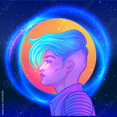 Portrait of a young pretty androgynous woman with short shaved pixie undercut in retro futurism style. Vector illustration in neon bright colors. Blue short hair. futuristic synth wave