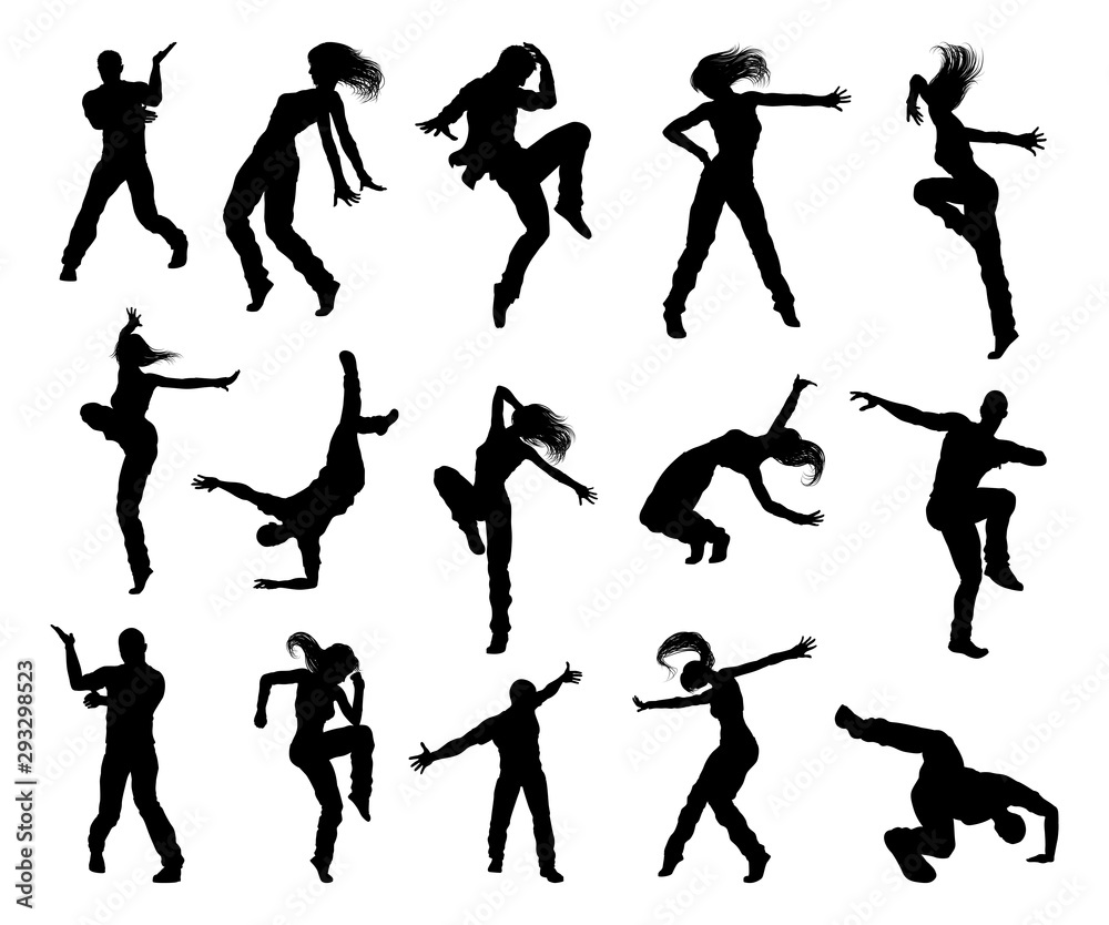 A set of men and women street dance hip hop dancers in silhouette