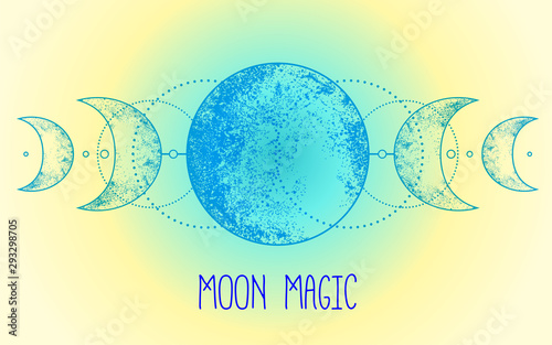 Triple moon pagan Wicca moon goddess symbol. Three-faced Goddess: Maiden – Mother – Crone vector illustration. Tattoo, astrology and magic symbol.