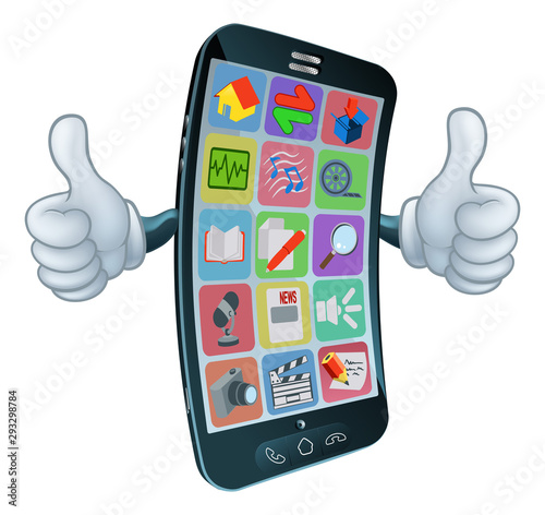 A mobile phone cell mascot cartoon character giving a thumbs up graphic illustration
