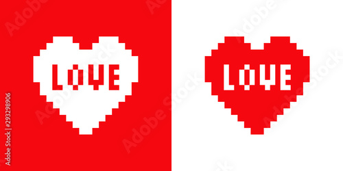 Logotipo con corazón con palabra love con pixels en rojo y blanco