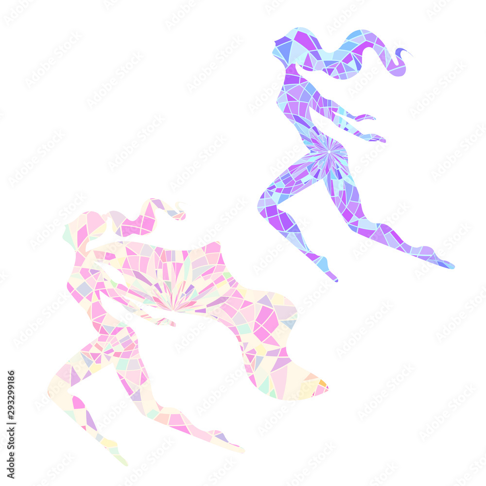 Set of silhouettes of flying super women. Figures of girl with cape and stained glass background. Polygonal people isolated on white background. Feminism and girl power. Vector element for icon, logo