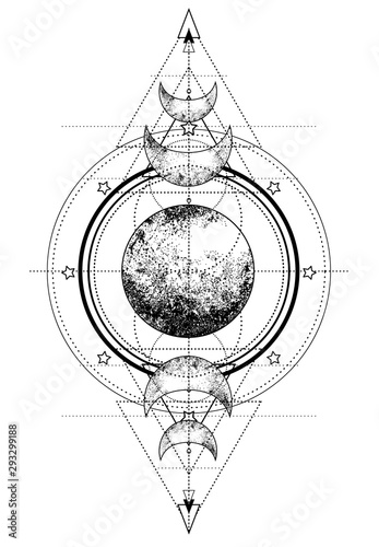Triple moon pagan Wicca moon goddess symbol. Three-faced Goddess: Maiden – Mother – Crone vector illustration.  Tattoo, astrology, alchemy, boho and magic symbol.