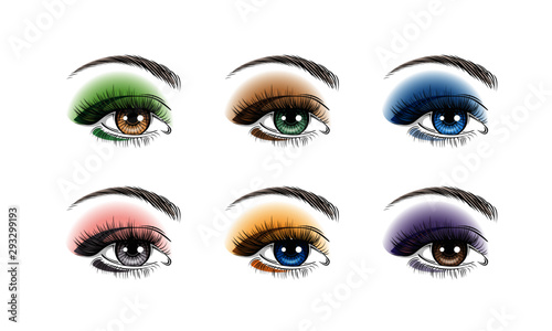Hand-drawn realistic woman's sexy luxurious eyes with perfectly shaped eyebrows, different eyeshadows and full lashes. Idea for business visit card, typography vector. Perfect salon look. Makeup set.